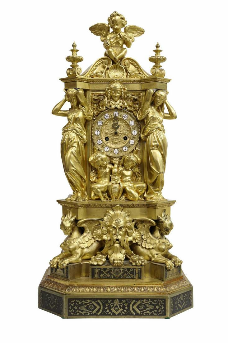 FRENCH BRONZE DORE FIGURAL MASONIC MANTEL CLOCK (1 of 7)