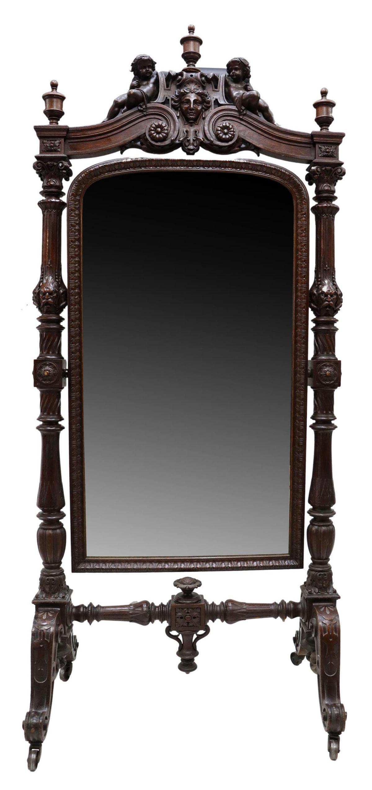 RENAISSANCE REVIVAL CARVED WALNUT CHEVAL MIRROR (1 of 6)