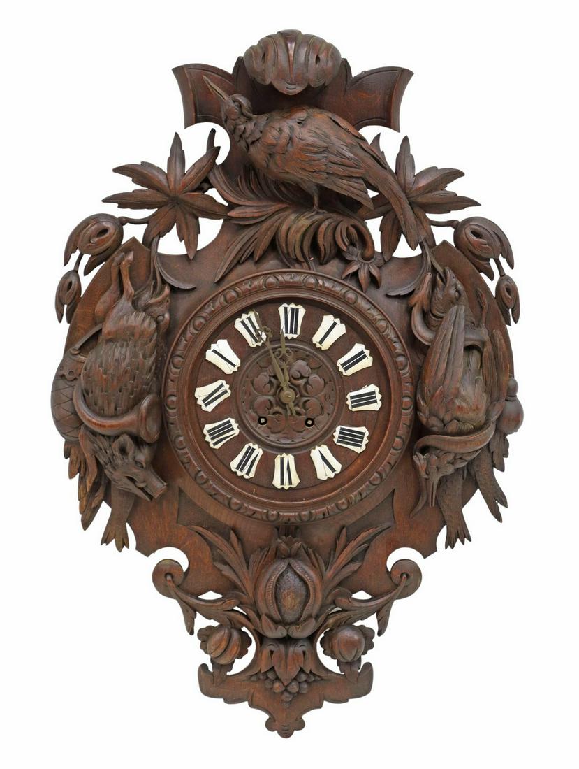 BLACK FOREST CARVED OAK GAME ANIMAL WALL CLOCK (1 of 6)