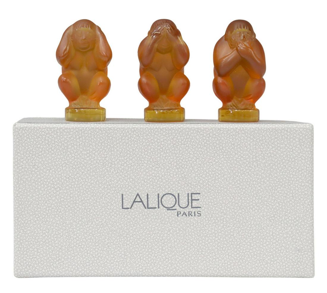 (3) FRENCH LALIQUE AMBER GLASS THREE WISE MONKEYS (1 of 5)
