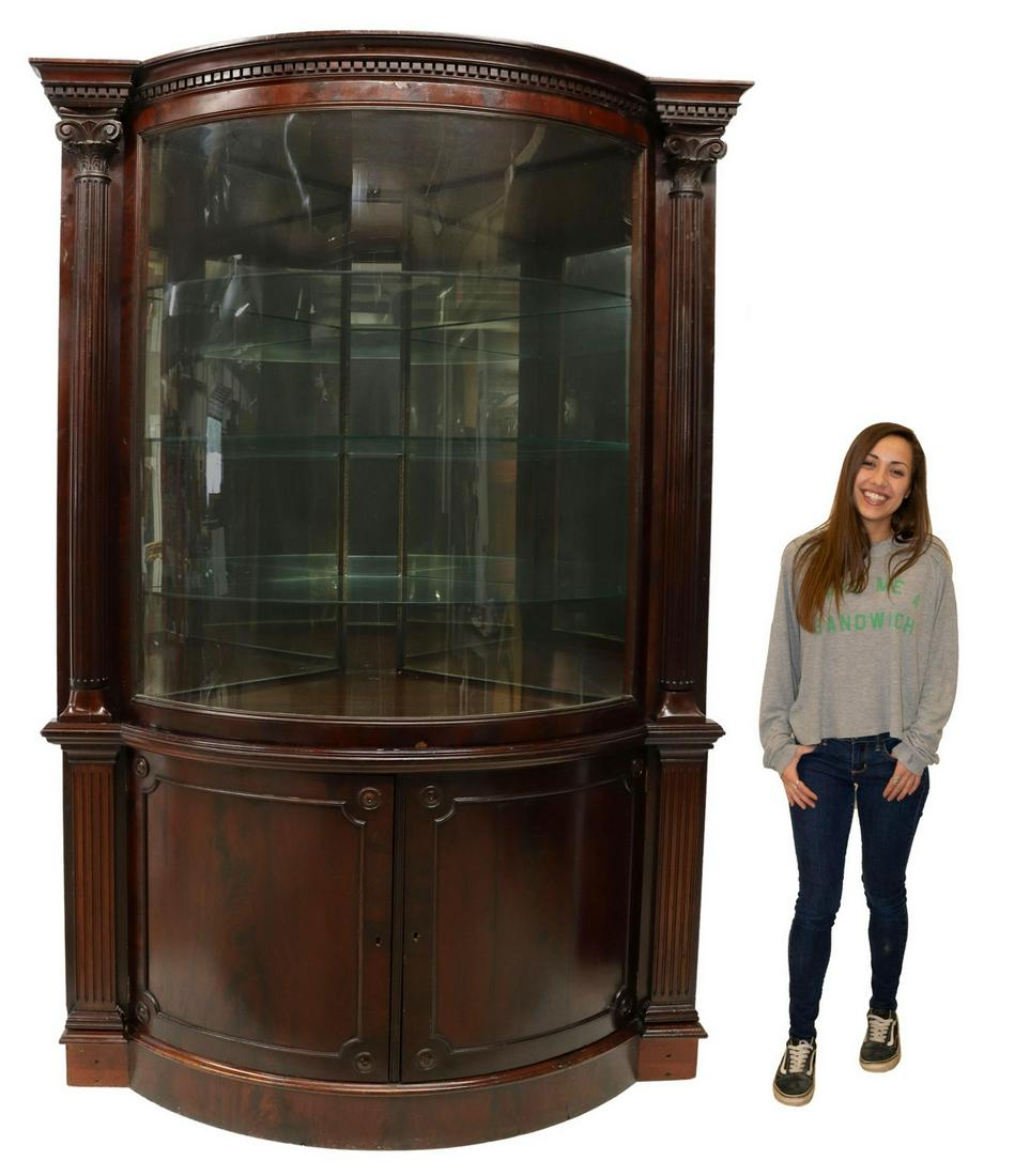 MAHOGANY BOWFRONT CURVED GLASS CORNER CABINET (1 of 5)