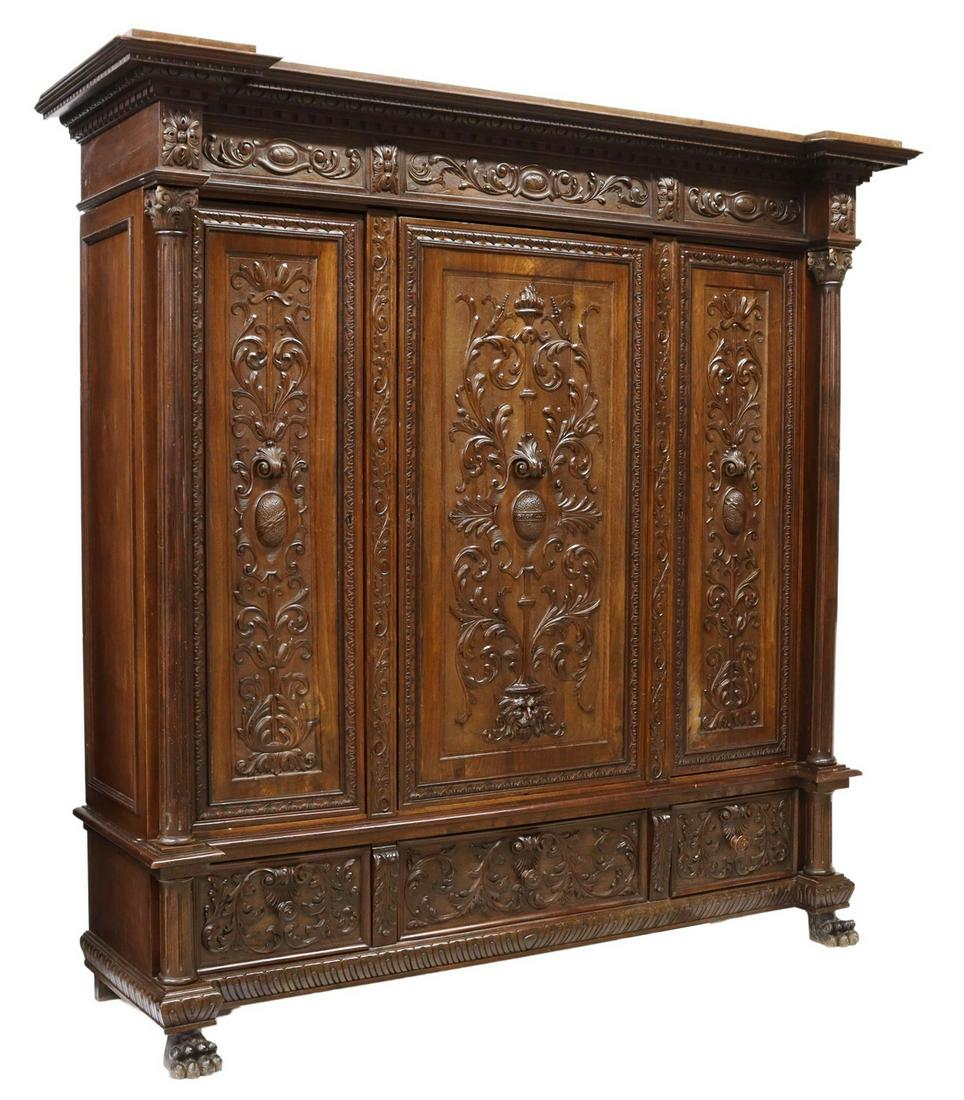 LARGE RENAISSANCE REVIVAL CARVED WALNUT ARMOIRE (1 of 5)