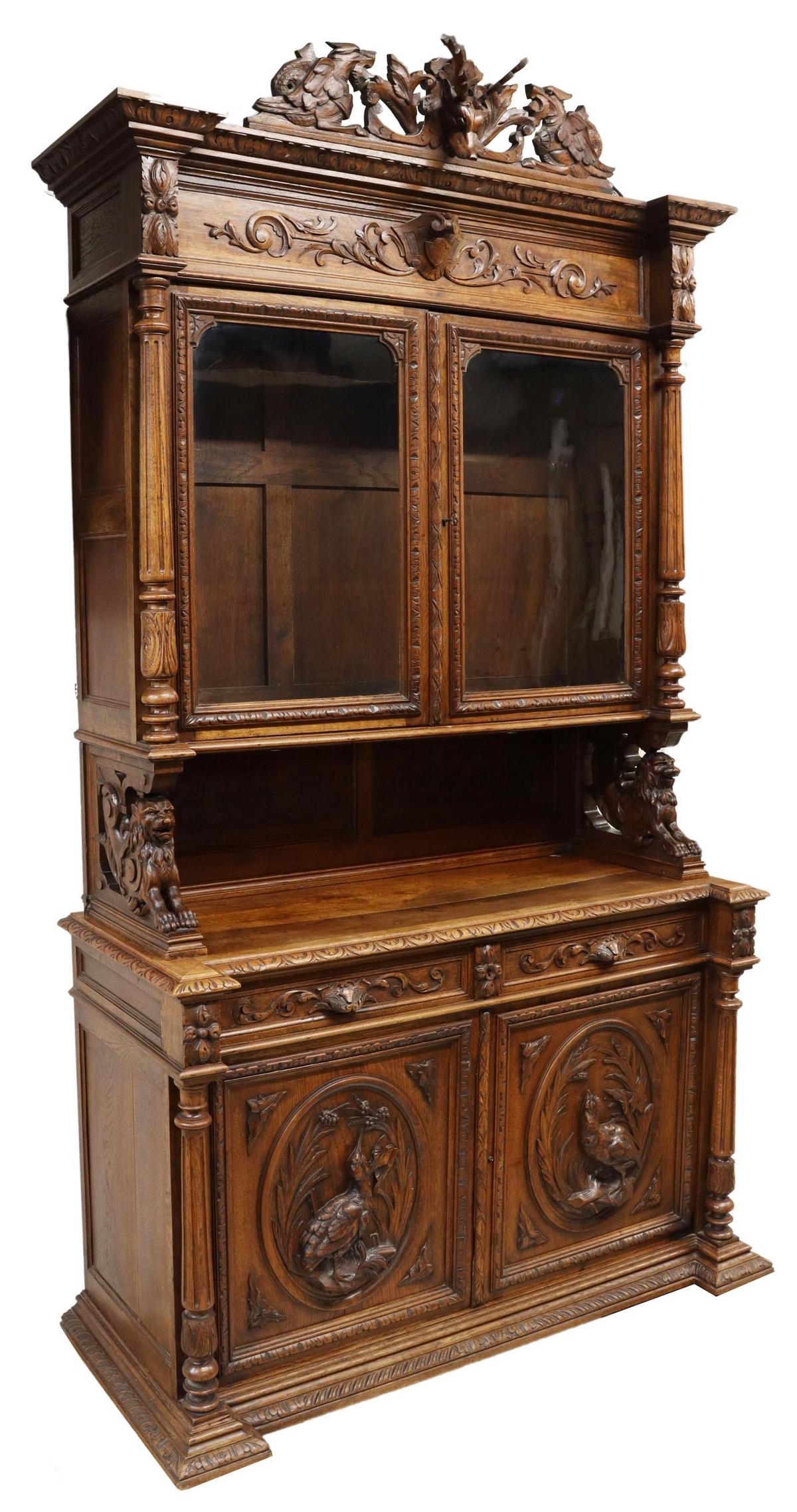 FRENCH HENRI II STYLE CARVED OAK HUNT CABINET (1 of 8)