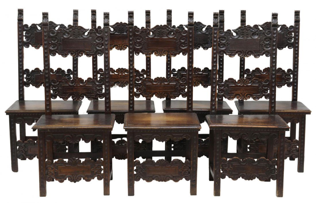 (7) SPANISH BAROQUE STYLE CARVED WALNUT CHAIRS (1 of 3)
