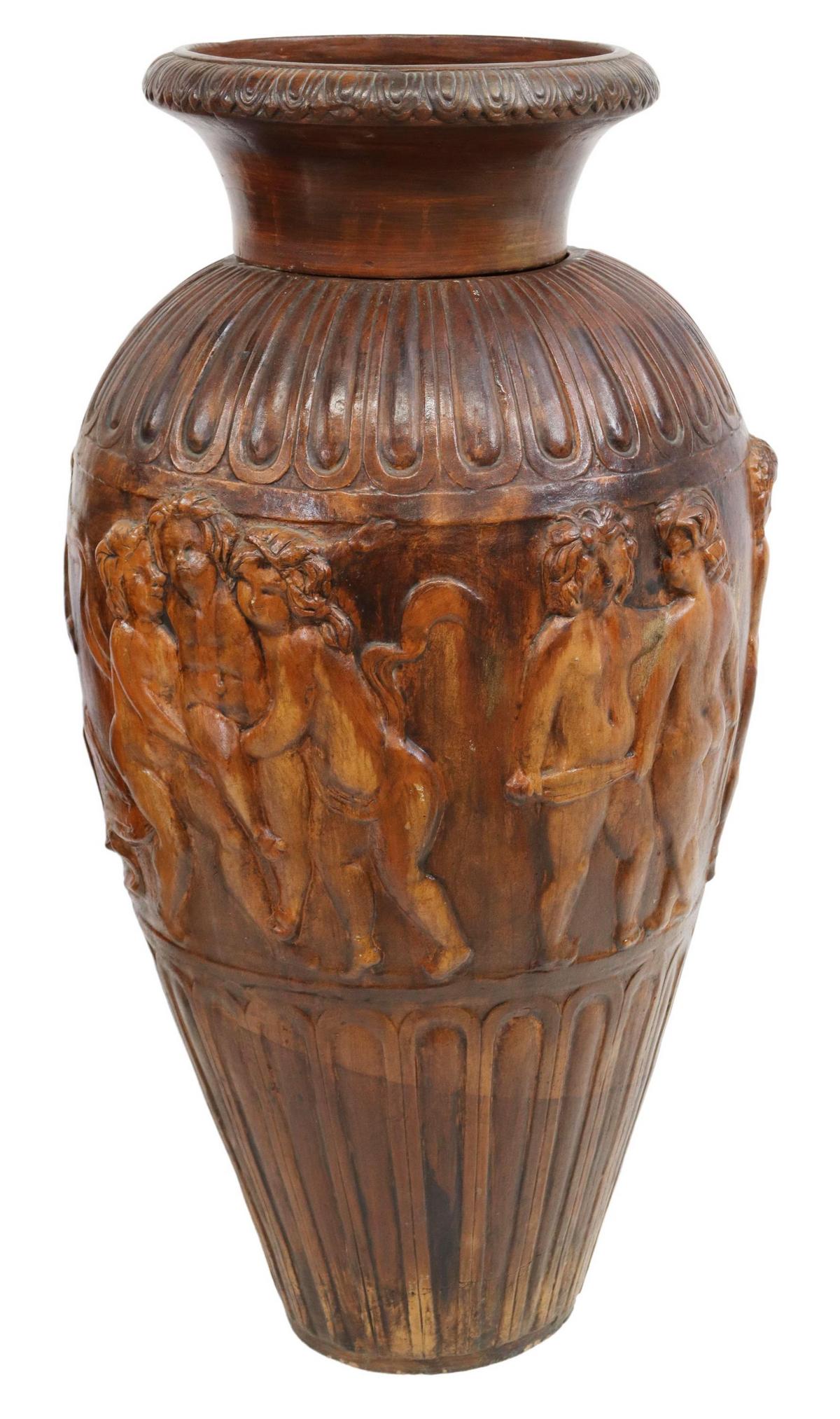 LARGE ITALIAN FIGURATIVE TERRACOTTA VASE, 40"H (1 of 2)