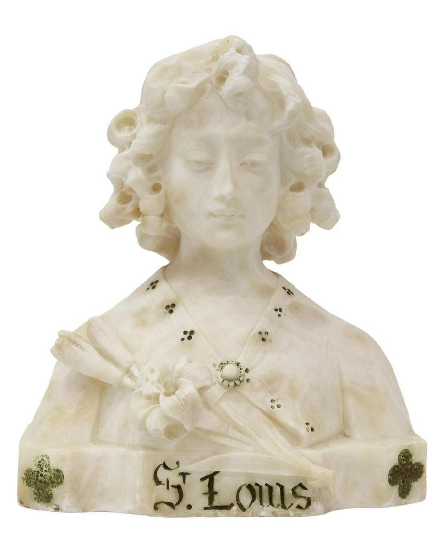 GALILEO POCHINI CARVED ALABSTER ST. LOUIS BUST: Carved alabaster sculpture, "Saint Louis," bust with lilies, signed G. Pochini, Florence (Galileo Pochini, Italian, 19th/ 20th c.), approx 10.25"h, 9"w, 5.5"d, 13.25lbs **Provenance: from a fine Wimbe