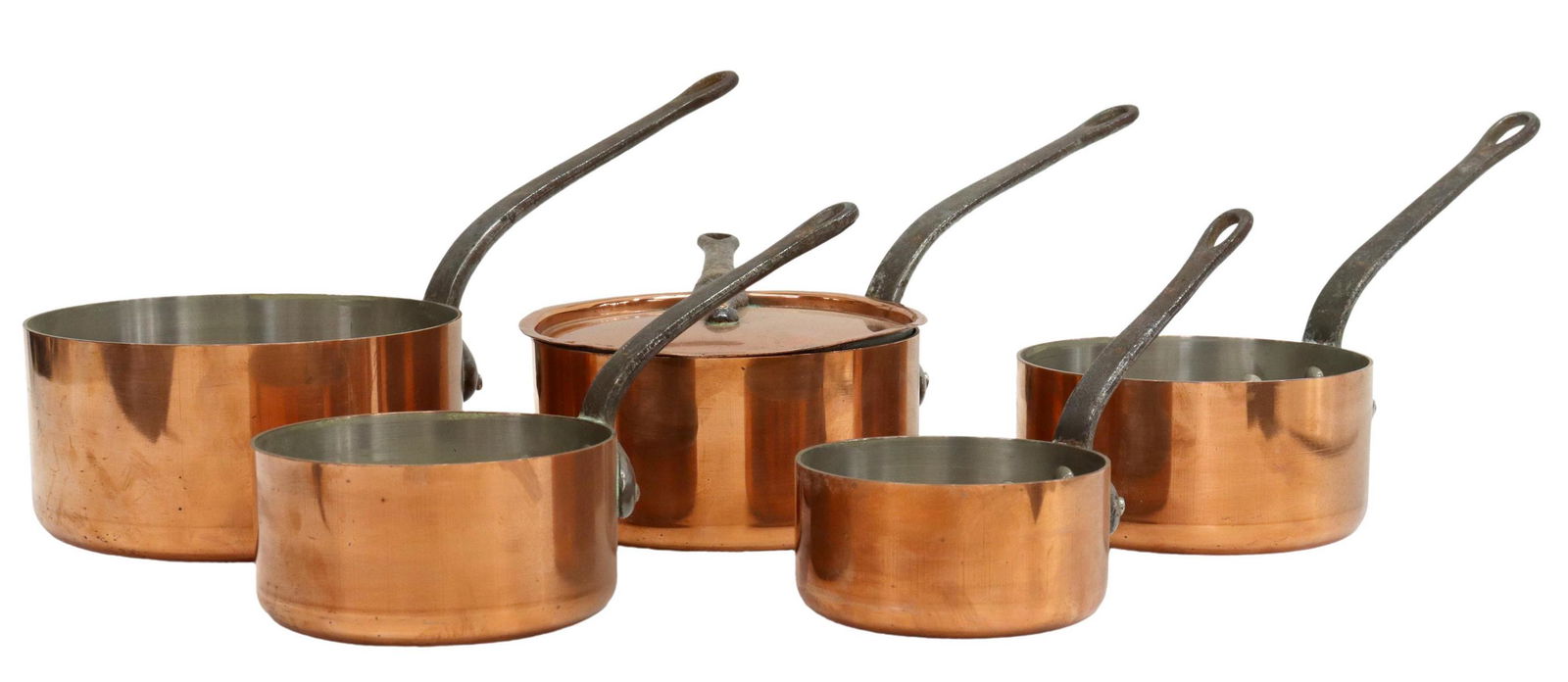 (6) FRENCH COPPER GRADUATED SAUCEPANS & LID (1 of 5)