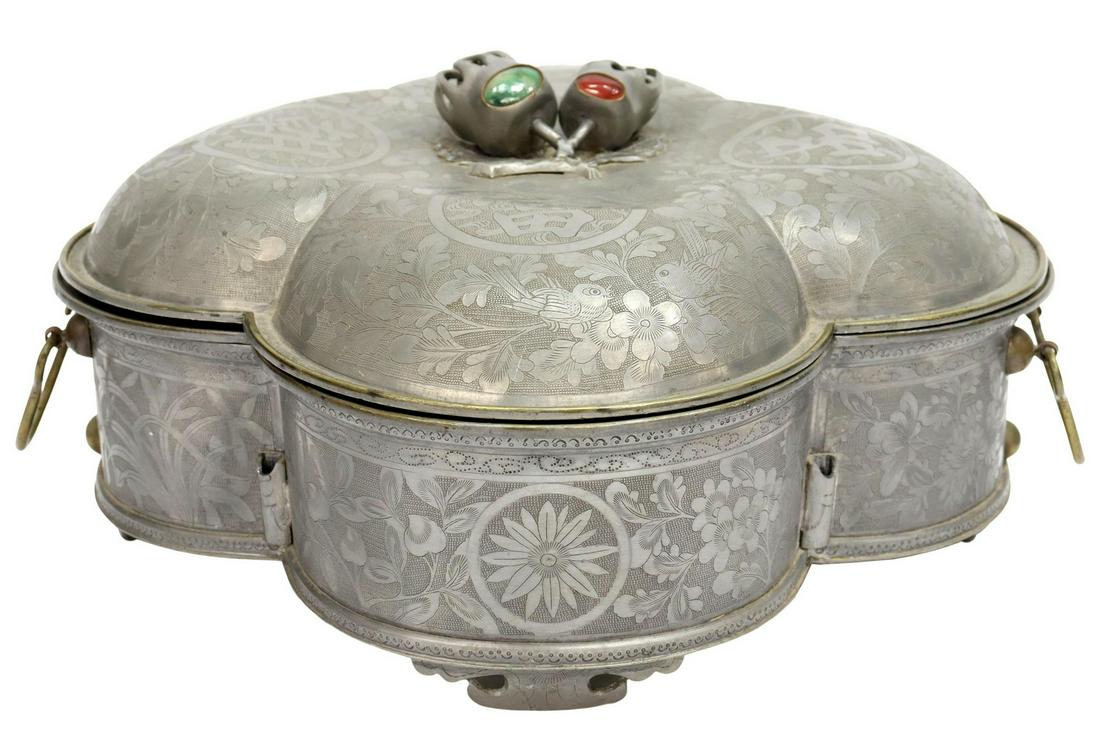 CHINESE PEWTER SWEETMEAT WARMING DISH (1 of 7)