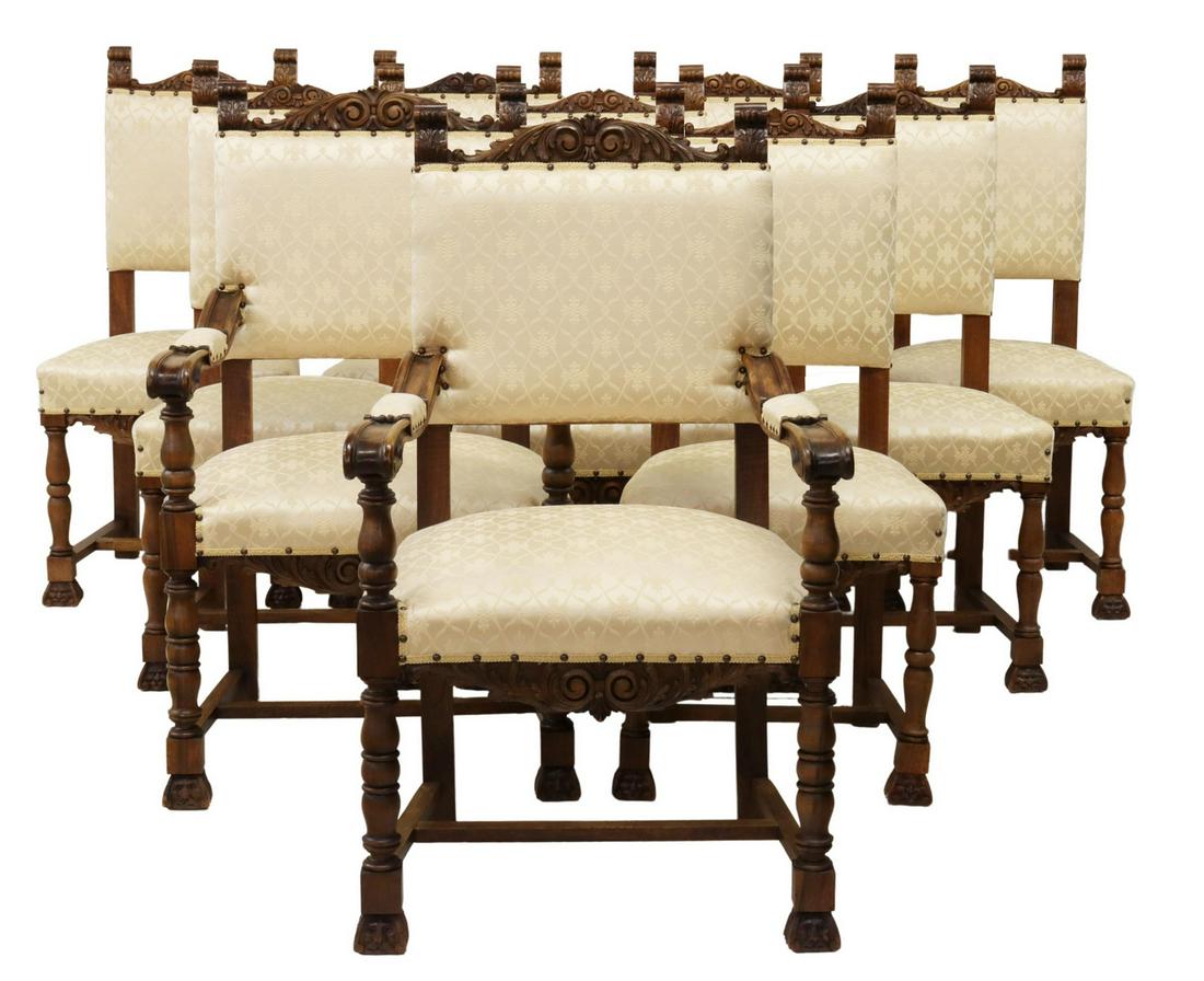 (10) RENAISSANCE REVIVAL CARVED WALNUT CHAIRS: (lot of 10) Renaissance Revival carved walnut chairs, early 20th c., having foliate scroll crest, flanked by flat acanthus finials, padded back and seat in geometric pattern upholstery, fixed with wov