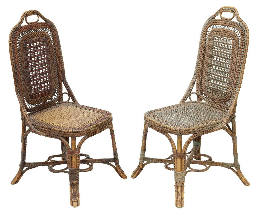 (2) PERRET ET VIBERT BAMBOO & RATTAN CHAIRS: (pair) French bamboo and rattan chairs, Perret et Fils et Vibert (Alfred Perret and Ernest Vibert), Fabricants, 33 rue du 4 Septembre, Paris, late 19th c., having curved frame with painted accents, wo
