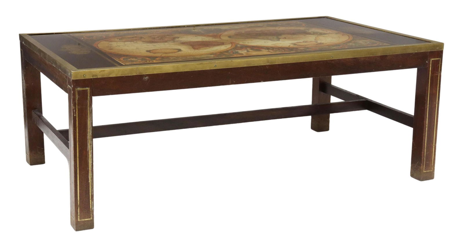 HEMISPHERE WORLD MAP GLASS-TOP COFFEE TABLE: Contemporary coffee table, late 20th c., glass tabletop with printed double hemisphere world map, mahogany frame, rising on square legs with brass string inlay, joined by H stretcher, approx 15"h, 40"