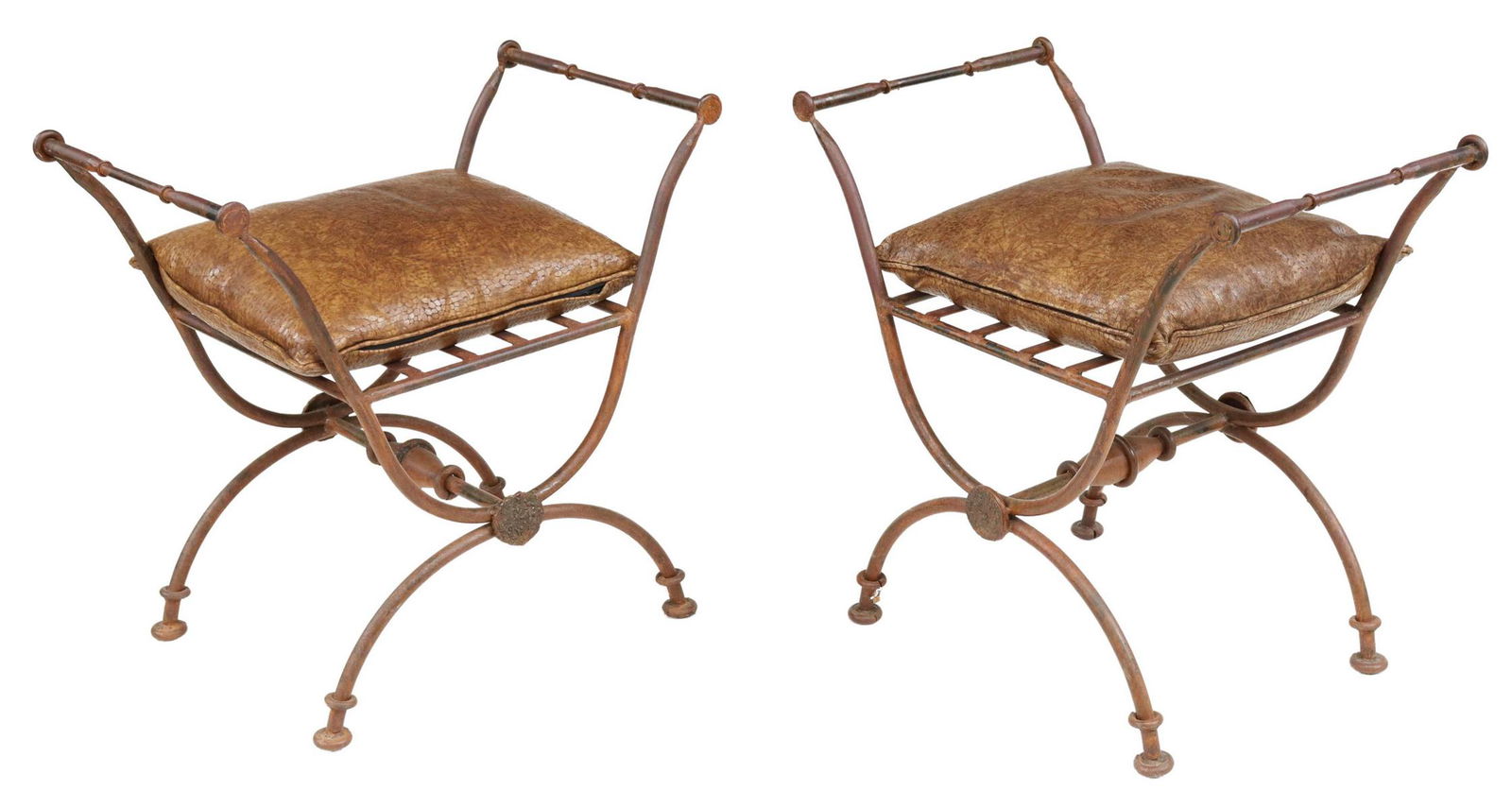 (2) WROUGHT IRON CURULE BENCHES W/ LEATHER SEATS (1 of 4)