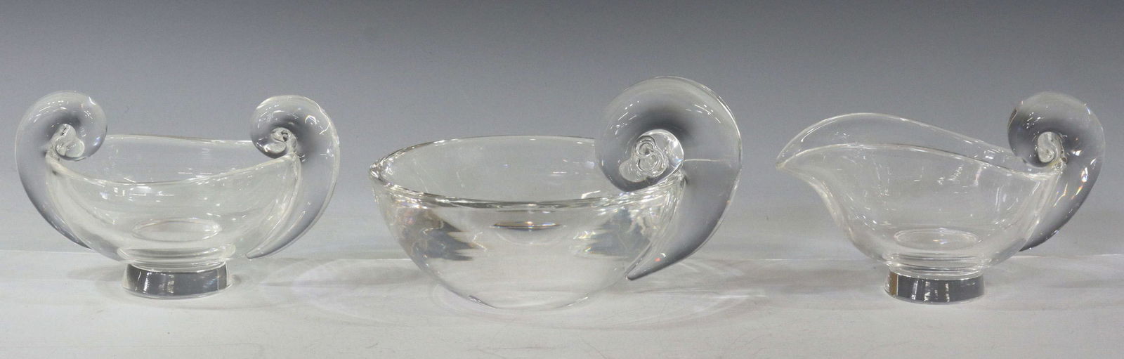 (3) STEUBEN GLASS OLIVE DISH, SUGAR BOWL & CREAMER (1 of 5)