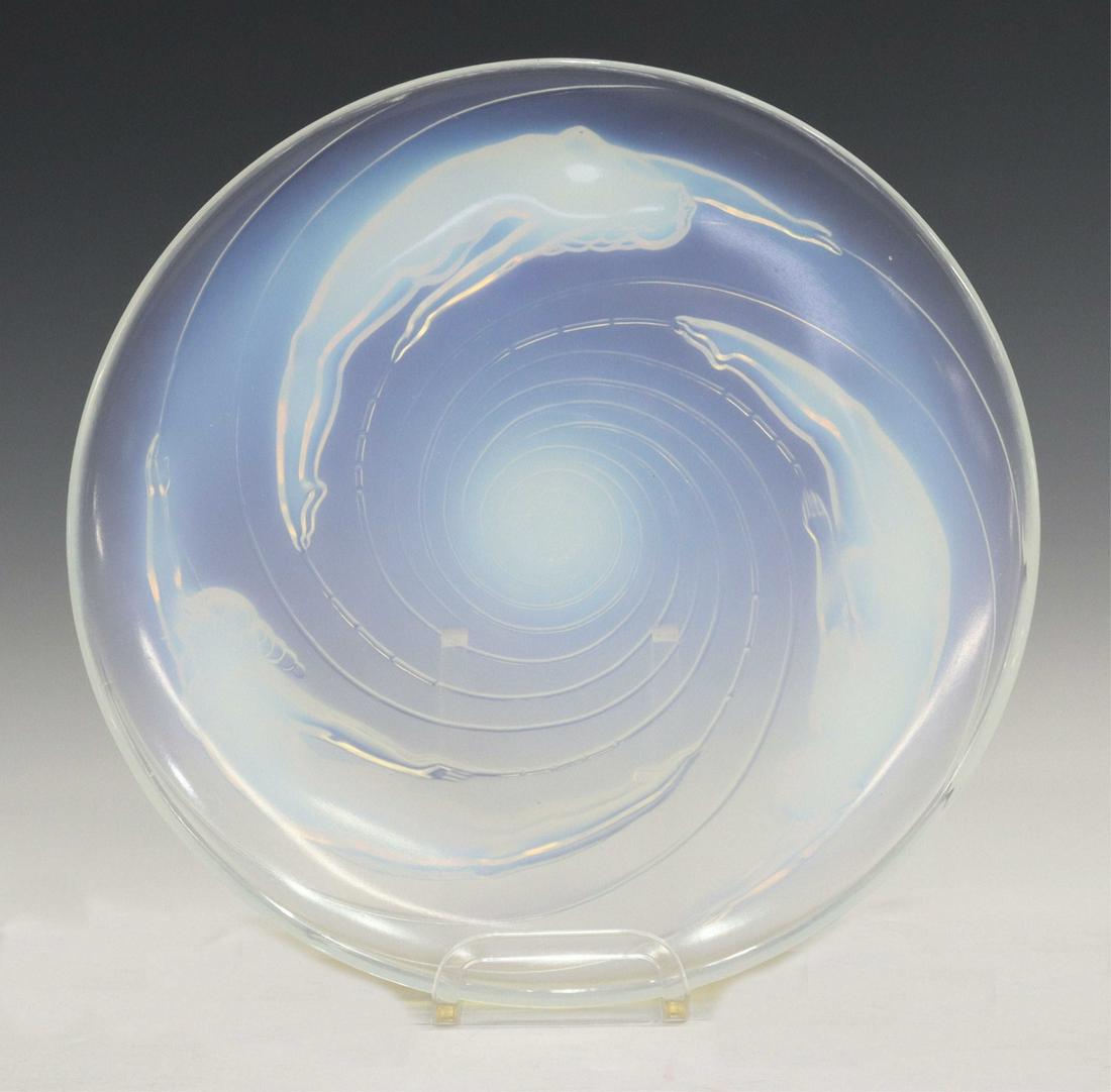 SABINO COUPE SPIRALE OPALESCENT ART GLASS CHARGER: French Art Deco opalescent art glass charger/ plate, Sabino, Paris, "Birth of a Star," also known as "Coupe Spirale," with three beauties molded in relief, minute rim chips, approx 11.75"diam, 4.5lbs 
