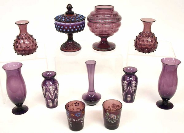 GROUP AMETHYST & SILVER OVERLAY VASES, COMPOTES: (lot of 11) Collection amethyst glassware including: (1) Czech silver overlay footed compote, the overlay in geometric patterns, marked Czechloslovkia underfoot, small chip at rim, 8"h, 7"d; (2) Victo