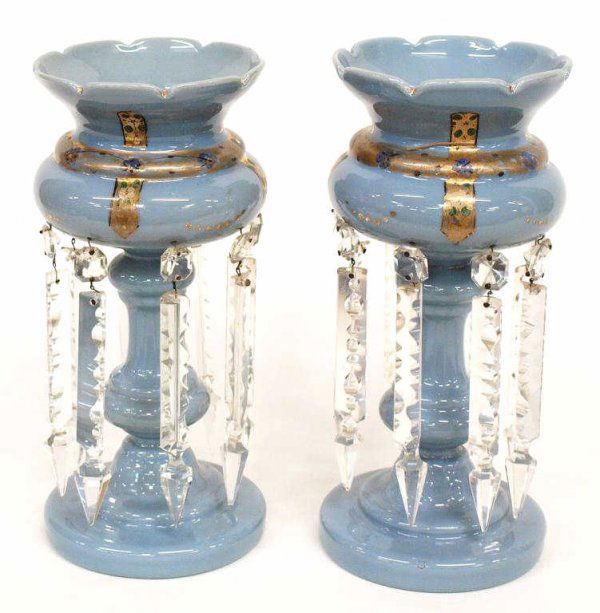 ANTIQUE BLUE BRISTOL PARCEL GILT MANTLE LUSTRES: (pair) Blue bristol glass mantle lustres, parcel gilt and enamel floral ornamentation, hung with long and fancy cut crystal prisms of varied size, loss to prism tips, 12"h, 6.5"d; 6lbs total
