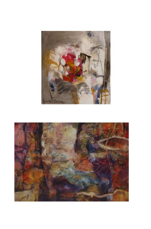 (2) FRAMED ART, HAROLD E. LARSEN, ORIGINAL 18 x 18: (lot of 2) Framed art by Harold E. Larsen (American, b. 1935): (1) Oil on canvas, "A Softer Touch", signed lower left, title on verso at stretcher, sight: 18"h, 18"w, overall steel frame: 21"h, 21"w,;