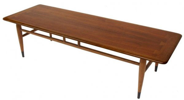 MODERN LANE COFFEE TABLE DESIGNED BY ANDRE BUS: Modern Lane extra long coffee table, from the Acclaim series designed by Andre Bus, the rectangular top with dovetailed design raised on tapering cylindrical legs joined by stretchers, metal end caps,