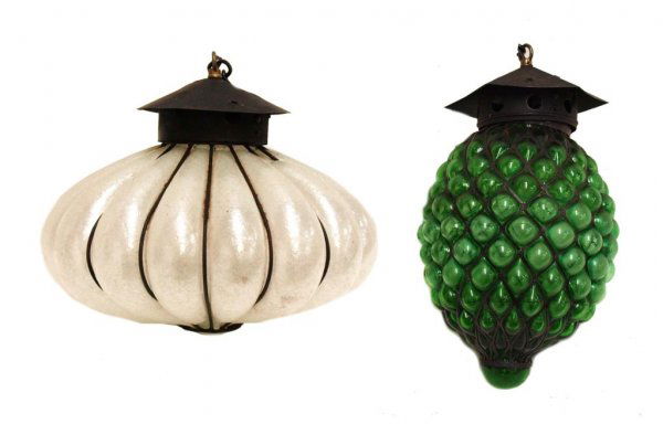 (2) METAL & COLORED GLASS HANGING LIGHT FIXTURES: (lot of 2) Iron bound glass hanging light fixtures, (1) opalescent white opaque glass, 14"h, 15"d; (1) green glass, 16"h, 11"d; 16lbs total