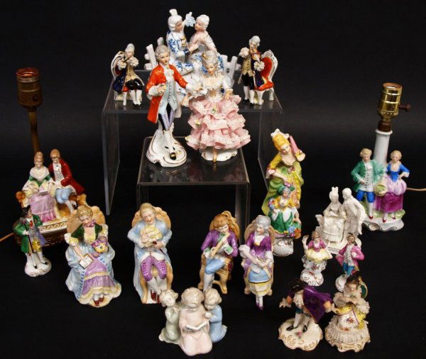 HUGE COLLECTION MOSTLY GERMAN PORCELAIN FIGURES: (lot of 17) Collection predominately German porcelain figures including: (1) Sandizell Dresden lace lady, gilt details, applied flowers, marked 'Western Germany' Dresden with blue crown over N mark, o