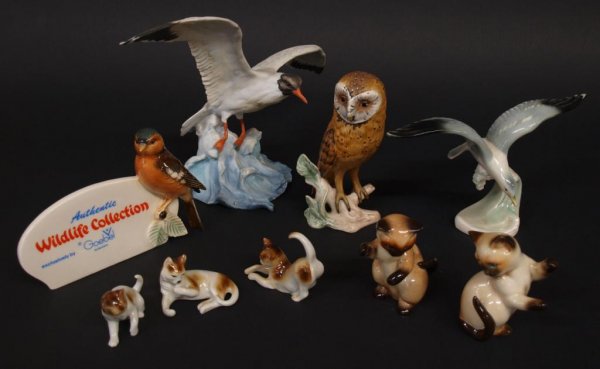 COLLECTION GOEBEL & GERMANY PORCELAIN CATS, BIRDS: (lot of 9) Collection of porcelain animal figures comprising: (1) Kaiser Black Headed Gull, hand painted, limited edition 337/4000, 8.25"h, 14"w; (1) Goebel Silver Gull, CV76, 1963, 5"h, 8.75"w; (1) G