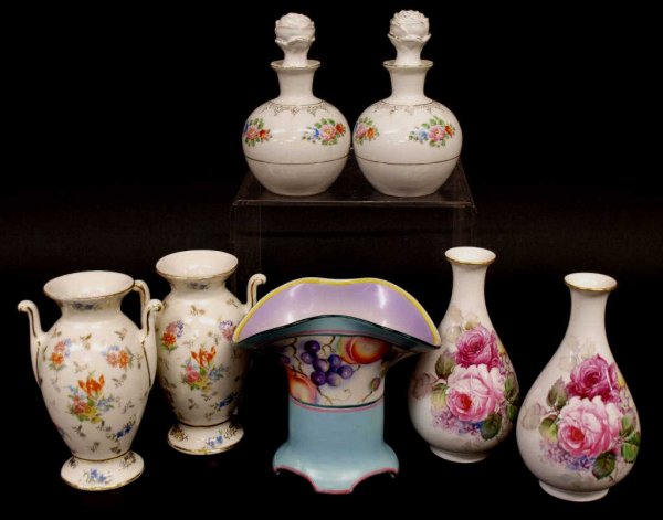 NORITAKE HAND PAINTED FRUIT VASE & SCENT BOTTLES: (lot of 7) Collection of porcelain vases and scent bottles, including: (1) Noritake fluted vase hand painted with fruit, 6.25"h; (1 pair) perfume jars with rose form stoppers, 'Made In Japan', 6.5"h; 