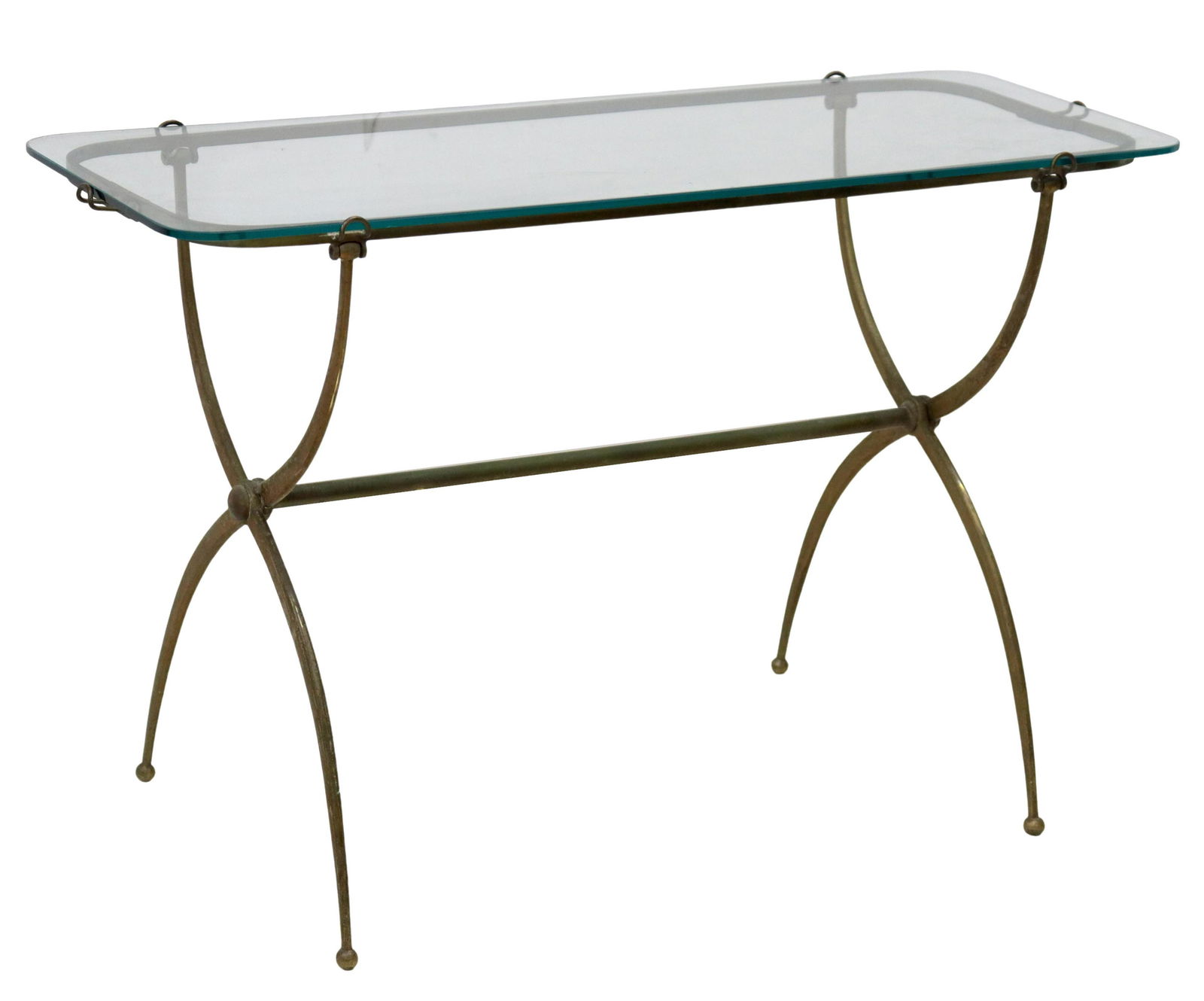GLASS-TOP BRASS CURULE BASE COFFEE TABLE (1 of 4)