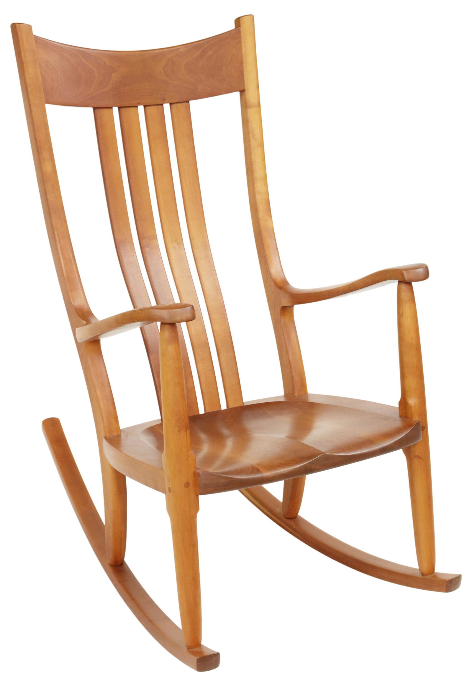 GARY WEEKS CRAFTSMAN CHERRYWOOD ROCKING CHAIR: Craftsman cherrywood rocking chair, "The Weeks Rocker," signed under seat Gary Weeks, Wimberley, Texas, numbered 515, dated 1999, having slatted back, wide armrests, shield-form seat, on rocker rails,
