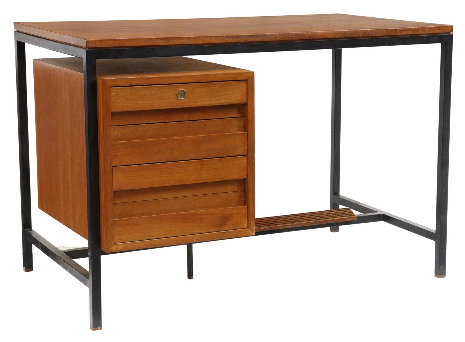 ITALIAN MID-CENTURY MODERN TEAK WRITING DESK: Italian mid-century modern teak writing desk, c.1960s, having rectangular top, over black metal frame, fitted with four drawers, rising on square tube legs, joined by central stretcher with footrest, 