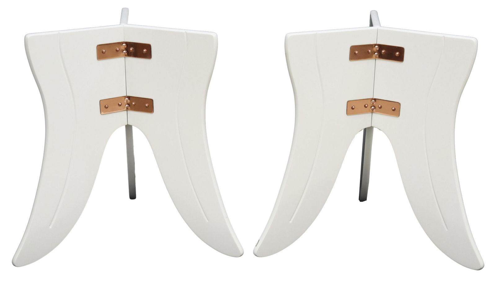 (2) ITALIAN MODERN WHITE LACQUERED TABLE BASES: (lot of 2) Italian modern white lacquered table bases, late 20th c., with copper plated hardware, could be configured as a double-pedestal table or two center tables, each base: approx 28.75"h, 29"w,