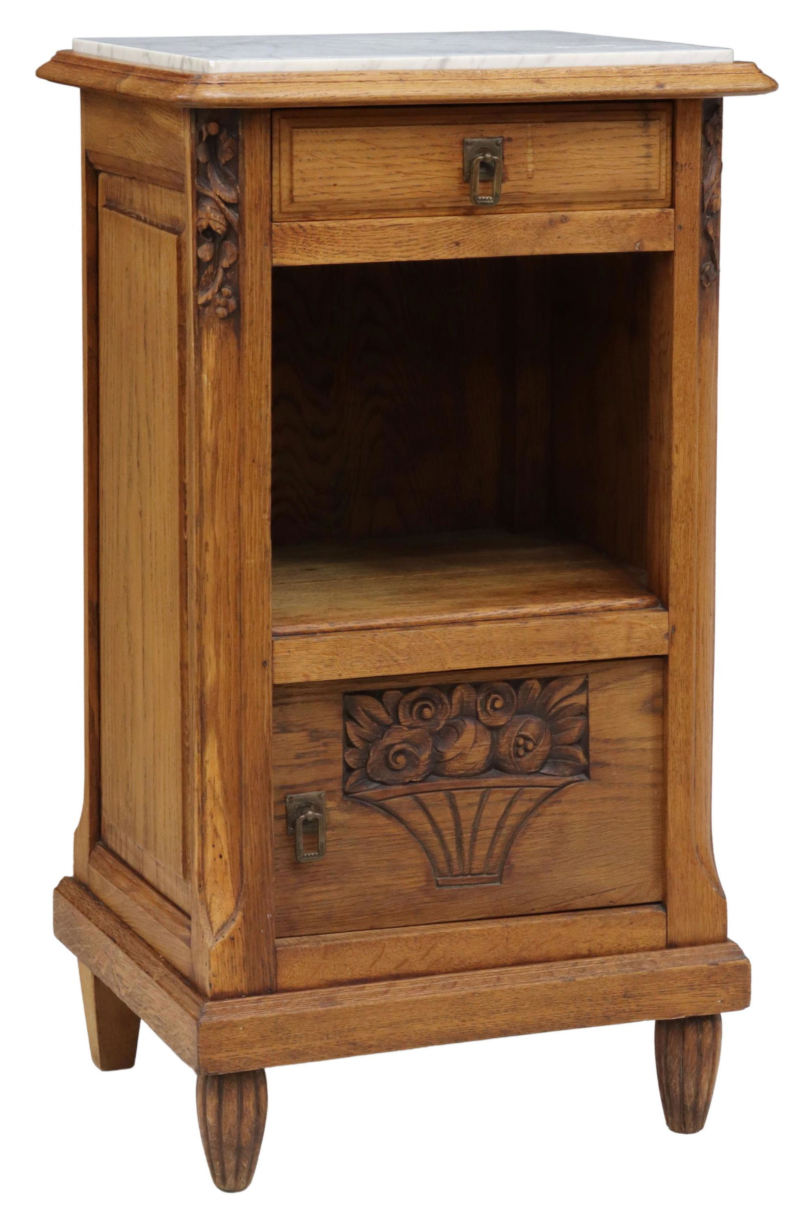 FRENCH ART DECO MARBLE-TOP OAK BEDSIDE CABINET (1 of 6)