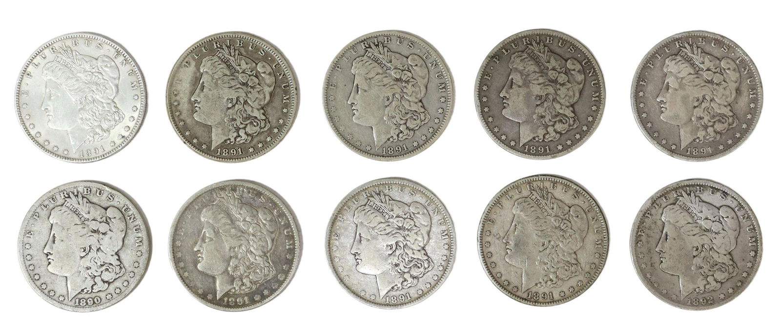 (10) U.S. MORGAN SILVER DOLLARS, 1890, 1891, 1892 (1 of 2)