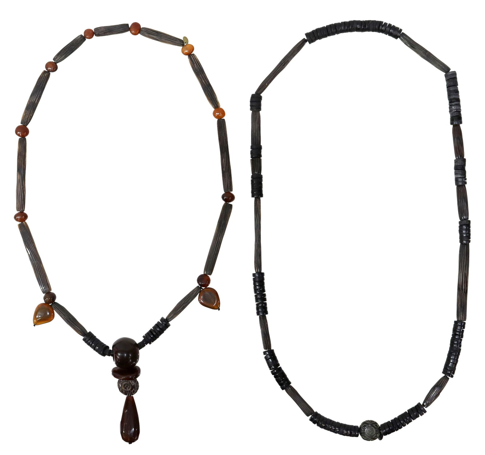2) GERDA LYNGGAARD MONIES NATURAL BEADED NECKLACES: (lot of 2) Gerda Lynggaard for Monies natural beaded extra-long necklaces, Copenhagen, fashioned with horn, wood and other natural beads, both retaining small metal makers tag, (1) approx 47"l, (1) wi