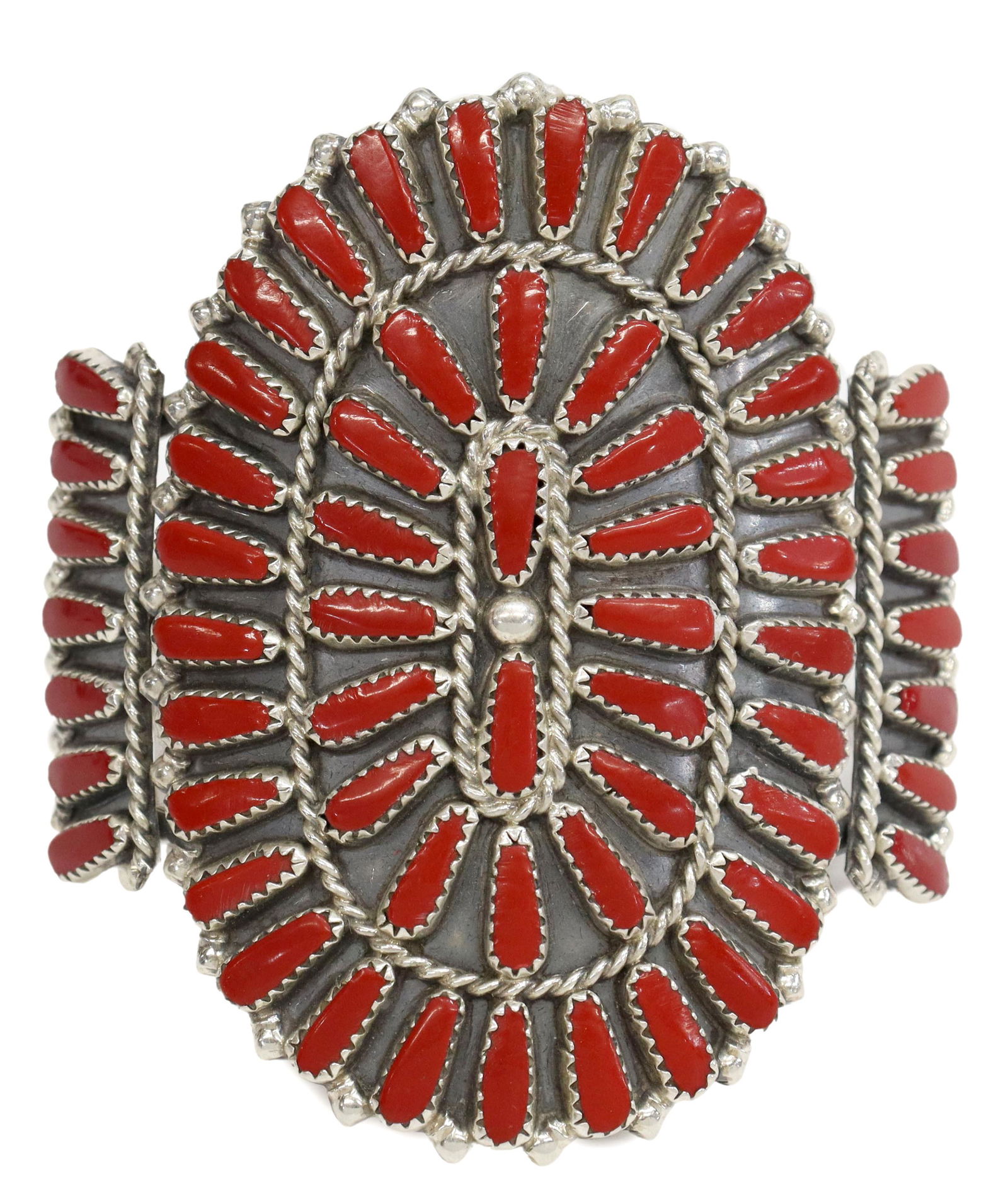 NATIVE AMERICAN STERLING & RED CORAL CLUSTER CUFF (1 of 5)