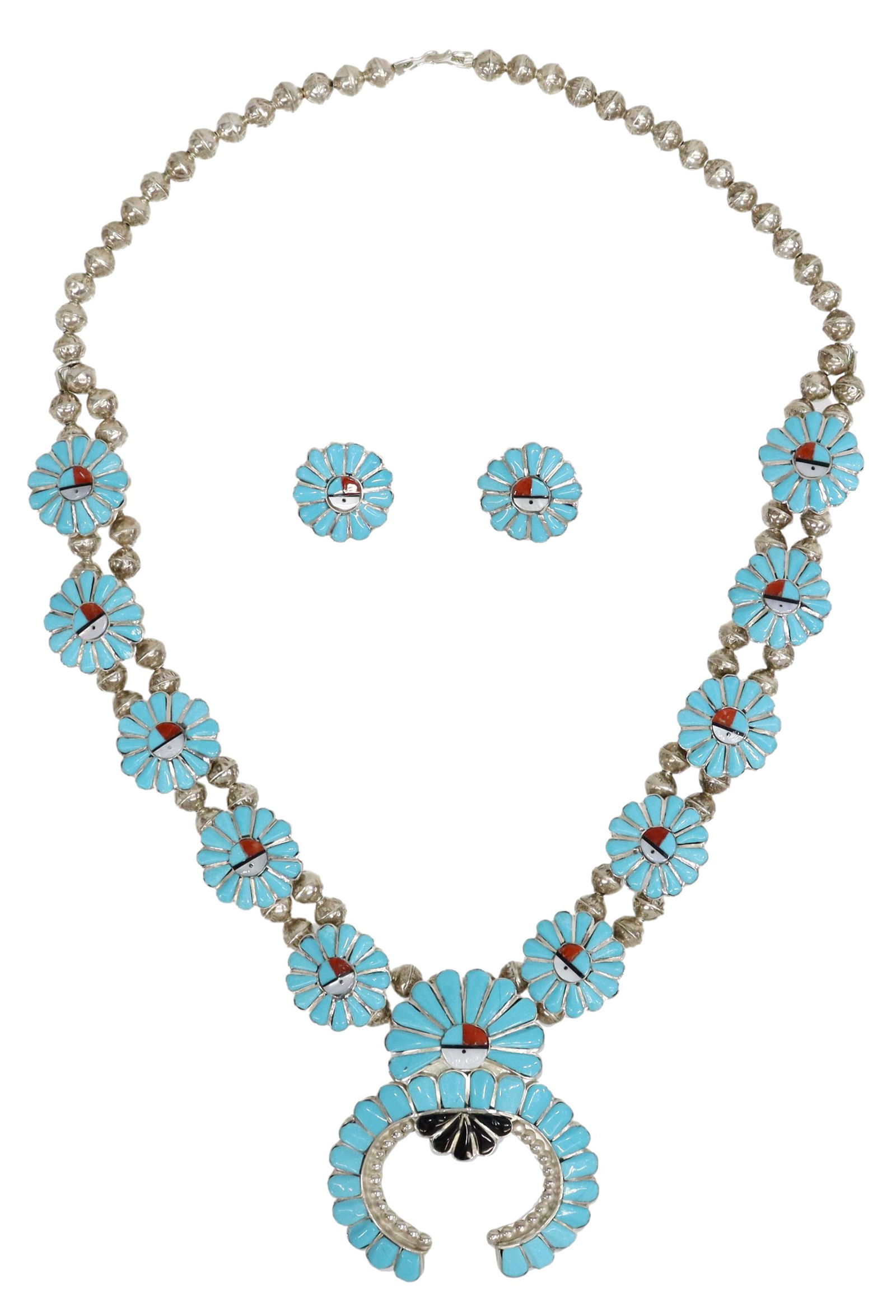 2) ZUNI SUNFACE SQUASH BLOSSOM NECKLACE & EARRINGS (1 of 4)