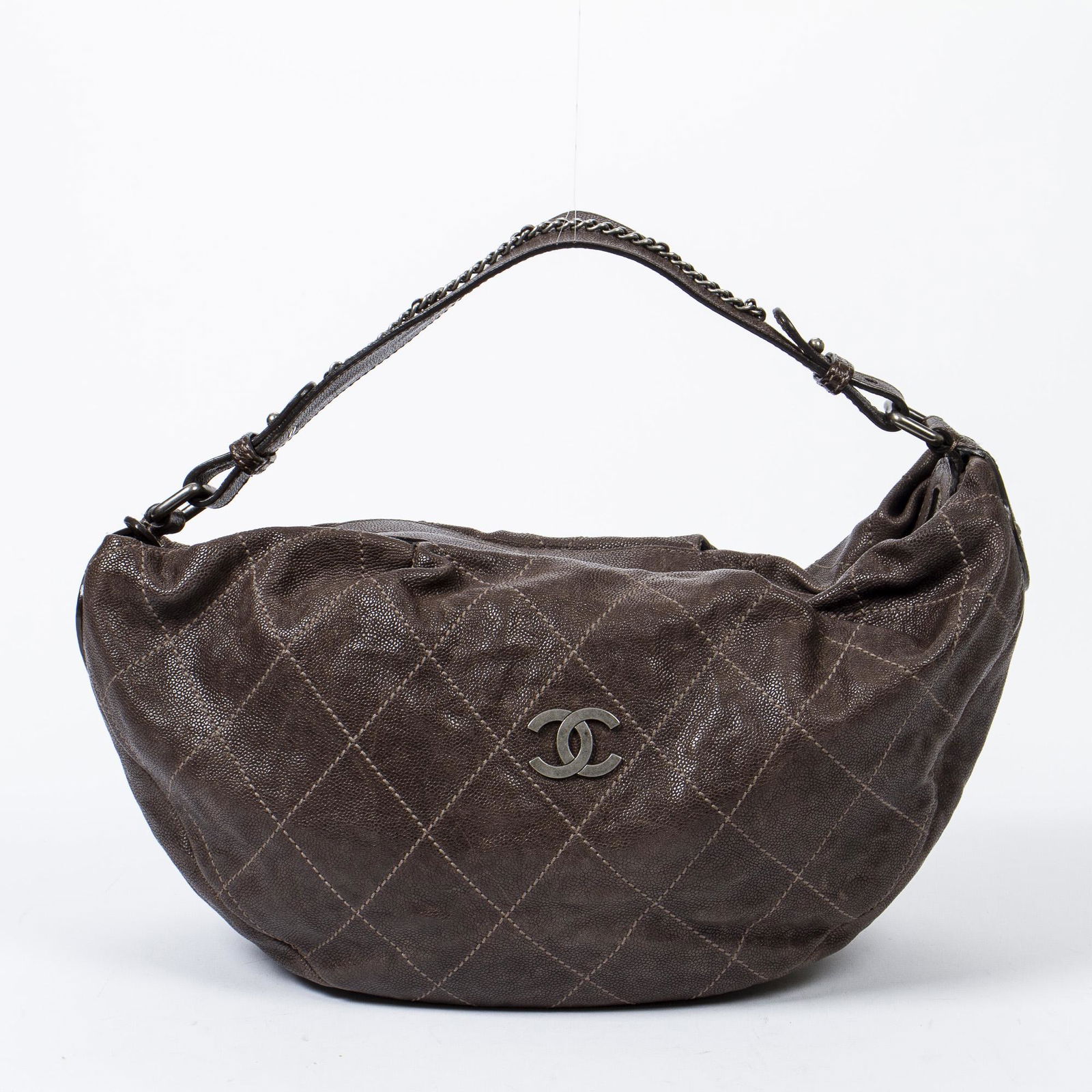 CHANEL CC LOGO QUILTED BROWN LEATHER HOBO HANDBAG (1 of 7)