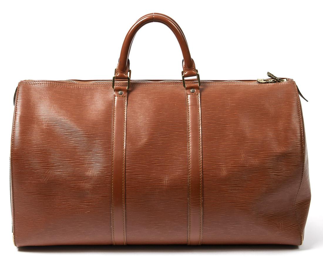 LOUIS VUITTON 'KEEPALL 50' BROWN EPI DUFFLE BAG: Louis Vuitton "Keepall 50" duffle bag, in brown Epi leather, with brass hardware,matching leather trim, dual rolled top handles, brown interior lining, zip closure at top, retaining luggage tag and ha