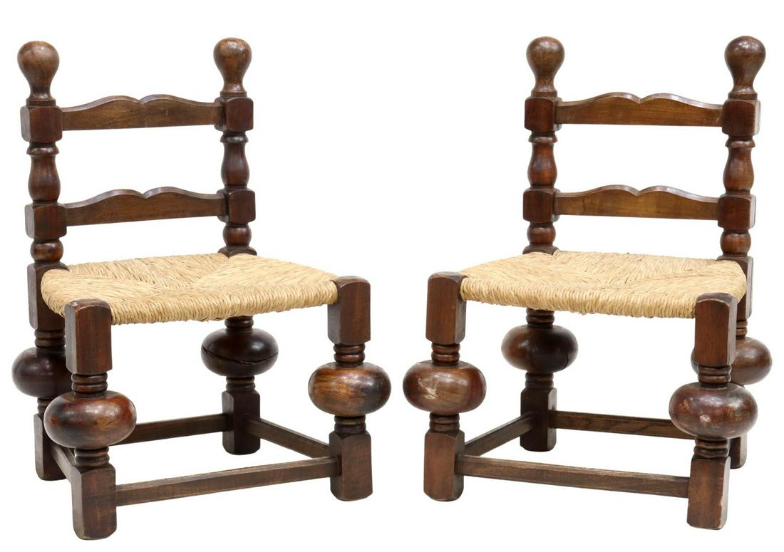 (2) FRENCH PROVINCIAL WALNUT RUSH SEAT LOW CHAIRS (1 of 3)