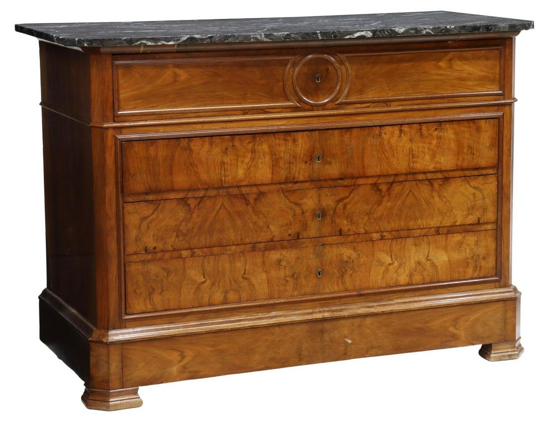 FRENCH LOUIS PHILIPPE MARBLE-TOP WALNUT COMMODE (1 of 6)