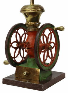 ENTERPRISE MFG CO. COFFEE GRINDER TABLE LAMP: American painted cast metal coffee grinder, marked Enterprise Manufacturing Company, Philadelphia, USA, mounted as a two-light table lamp, overall: approx 27"h, 11"w, 9"d, 10lbs **Provenance: From a v