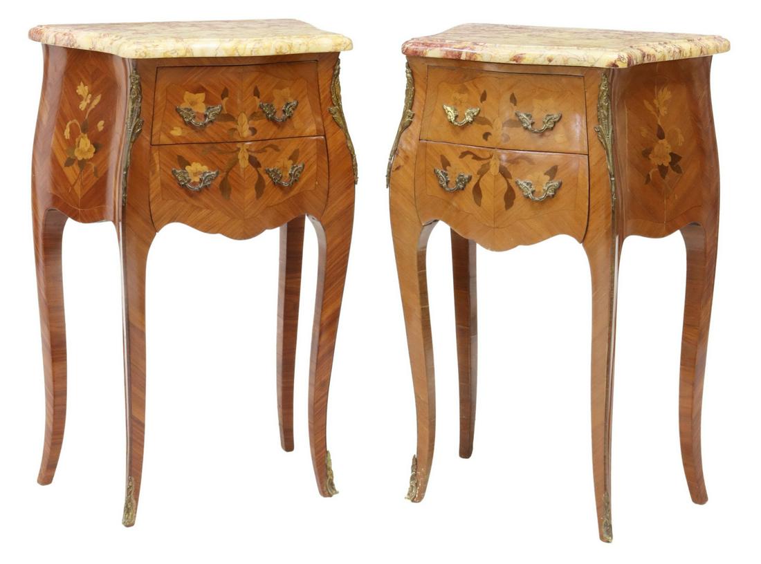 (2) FRENCH LOUIS XV STYLE MARBLE-TOP NIGHTSTANDS: (pair) French Louis XV style mahogany nightstands, late 20th c., shaped marble top, matched veneer case with floral marquetry, two drawers, rising on cabriole legs, ending in front sabots, approx 29"h
