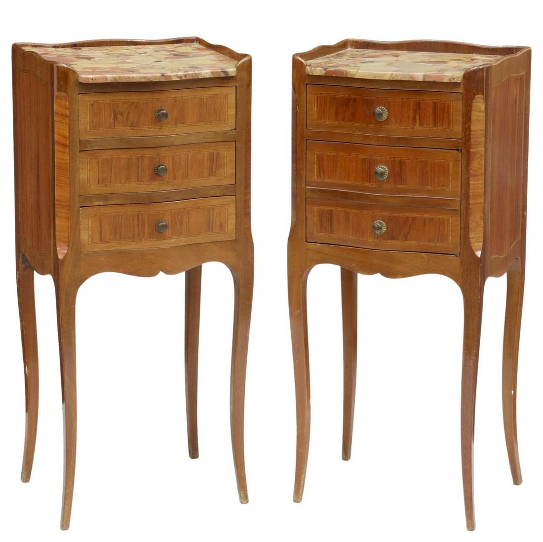 (2) LOUIS XV STYLE MARBLE-TOP MAHOGANY NIGHTSTANDS: (pair) French Louis XV style marble-top mahogany nightstands, 20th c., raised three-quarter gallery, over inset marble top, case fitted with three drawers, scalloped apron, rising on cabriole legs, (o
