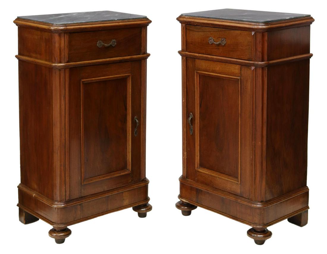 (2) ITALIAN MARBLE-TOP WALNUT BEDSIDE CABINETS (1 of 6)