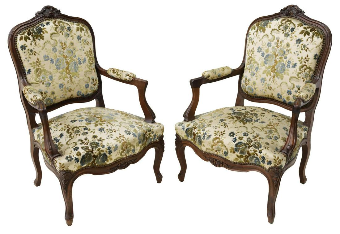 (2) FRENCH LOUIS XV STYLE UPHOLSTERED FAUTEUILS (1 of 3)