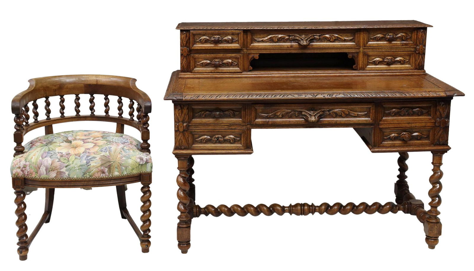 (2) FRENCH HENRI II STYLE CARVED OAK DESK & CHAIR (1 of 6)