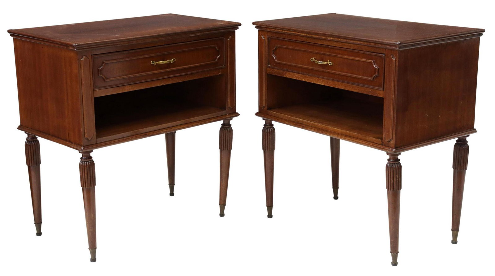 (2) ITALIAN MAHOGANY NIGHTSTANDS: (pair) Italian mahogany nightstands, mid 20th c., single drawer over open niche, rising on tapered legs with ribbed caps, ending in metal-capped feet, approx 26"h, 24.5"w, 14.5"d Start Price: $200.00