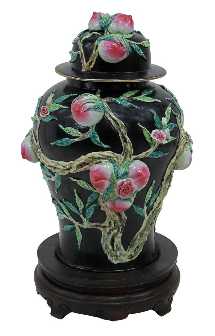 LARGE CHINESE FAMILLE NOIR APPLIED PEACH VASE (1 of 4)
