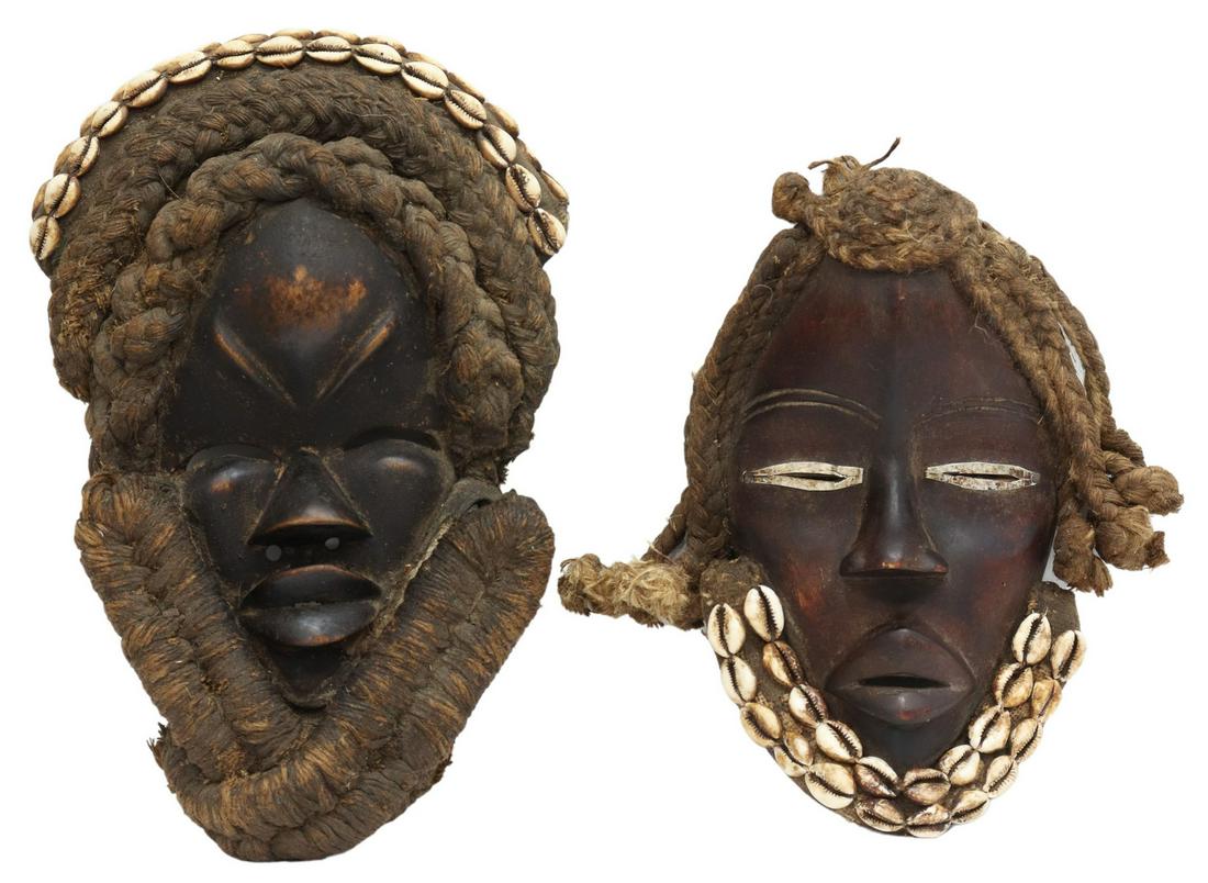 (2) WEST AFRICAN CARVED WOOD & COWRIE SHELL MASKS (1 of 2)