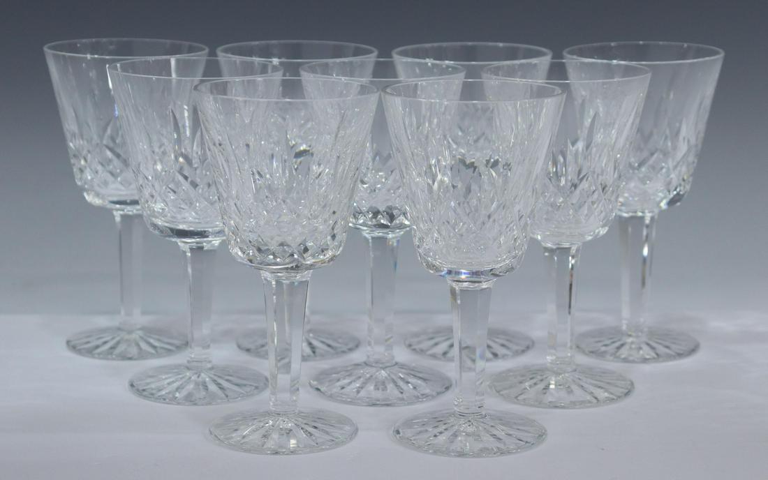 (9) WATERFORD 'LISMORE' CUT CRYSTAL CLARET STEMS: (lot of 9) Waterford "Lismore" cut crystal claret wine glasses, acid-etched marked underfoot, (three) with minute rim chips, approx 5.75"h, 3"diam; 6lbs total Start Price: $60.00