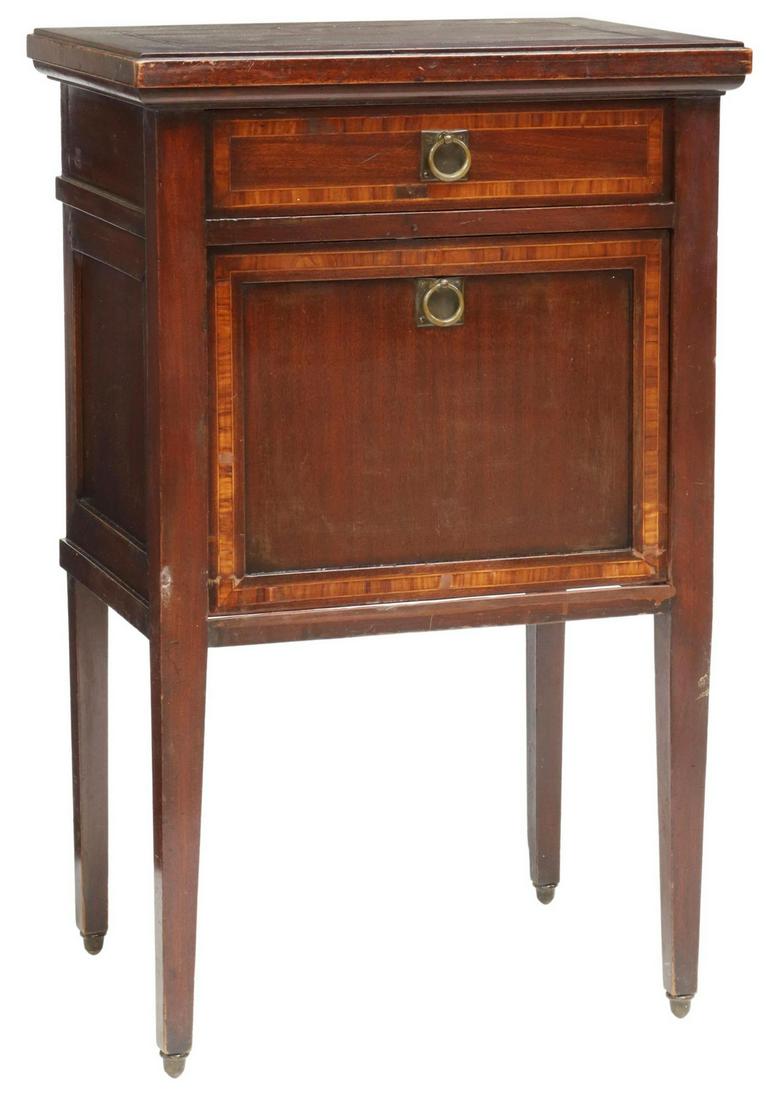 ITALIAN BANDED MAHOGANY BEDSIDE CABINET: Italian mahogany bedside cabinet, Pantalini & Figlio Mobili, Milano, early 20th c., banded drawer over drop-front cabinet, interior shelf, rising on tapered square legs, maker's tag inside drawer, fil